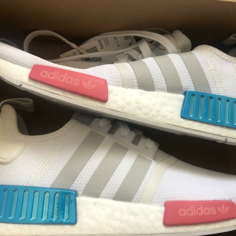 Adidas Womens White Sneakers with Pink and Blue Accents Size 10 US